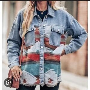 Women's Denim Contrast  SouthWestern Jacket - Multicolor